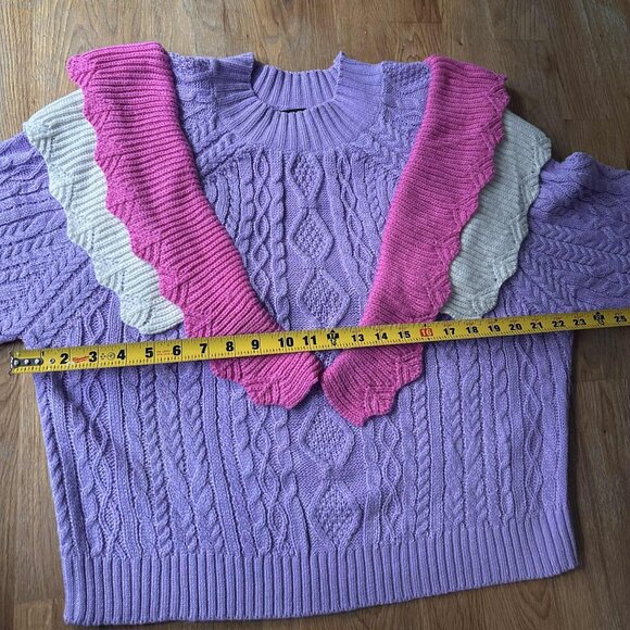 Strut & Bolt cable knit sweater, crew neck, ruffle detailing, V-front size L - Picture 6 of 14